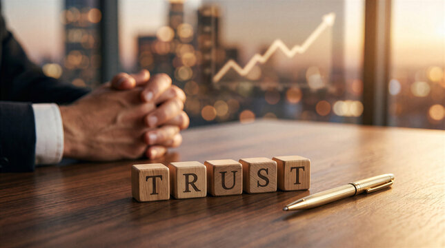 Business professional with hands clasped next to wooden blocks spelling trust and a gold pen with a rising growth chart background