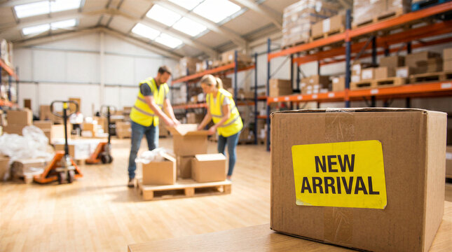 Warehouse workers packing cardboard boxes in a large distribution center with new arrival shipment in the foreground