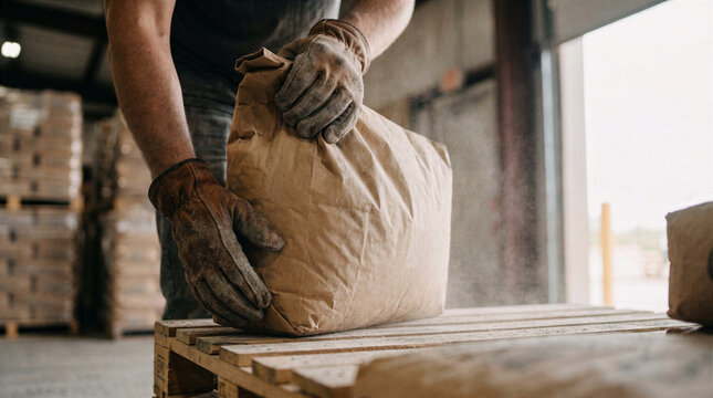 Worker wearing protective gloves placing a heavy paper bag of construction material onto a wooden pallet in a warehouse