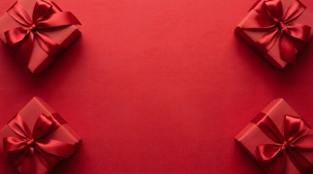 Red gift boxes with ribbons on a textured red background