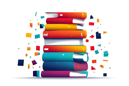 A colorful stack of books with confetti flying around, symbolizing education, learning, and knowledge