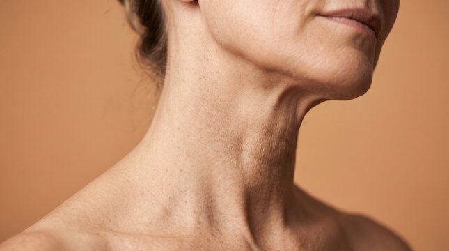 Authentic close-up of a mature woman neck showing natural wrinkles and aging skin