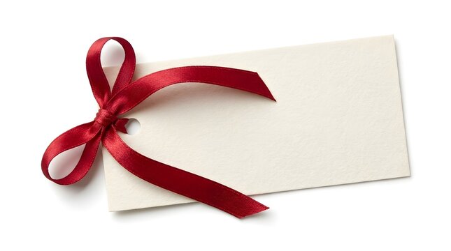 Blank paper gift tag with a red ribbon isolated on white background
