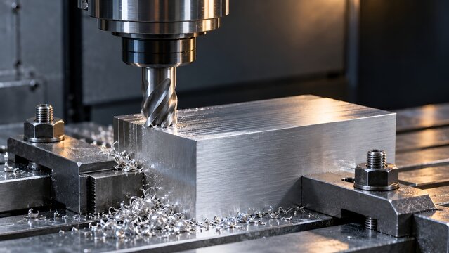 Industrial CNC milling machine cutting a solid metal block with precision helical end mill tool and steel shavings in a modern factory