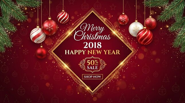 Christmas and new year 2018 sale banner with golden frame