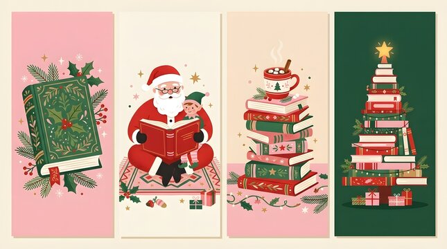 Set of four christmas illustrations with books and santa