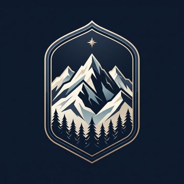 Alpine expedition crest logo design featuring snowy mountain peaks and pine trees in a vintage shield badge.