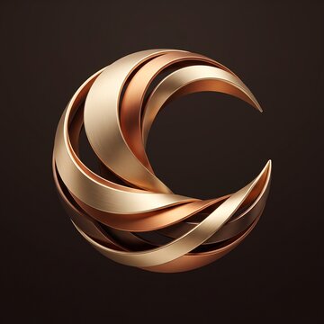 Abstract 3D sculptural metallic logo design resembling a layered crescent or croissant shape in gold and bronze.