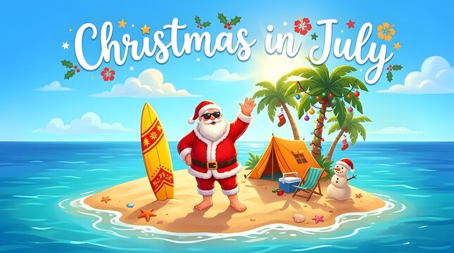 Santa claus on a tropical island for christmas in july
