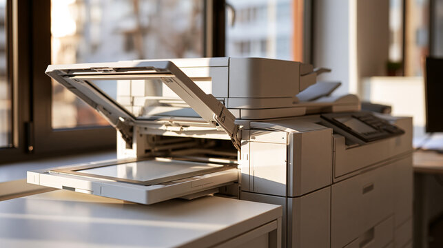 Office photocopier standing near daylight in a quiet workplace