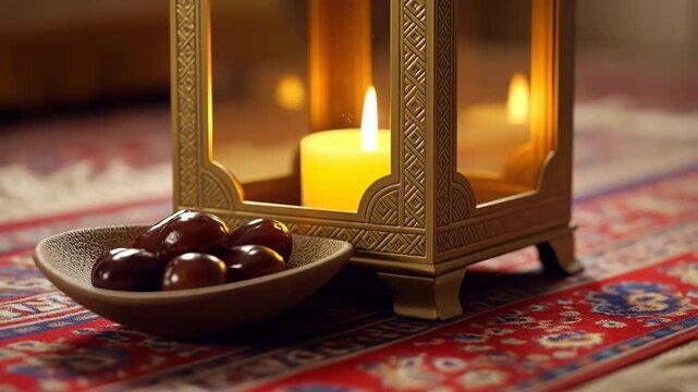 60 FPS close up of ornate brass lantern with candle flame and bowl of dates on patterned rug