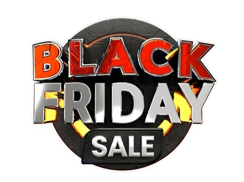 Modern Black Friday sale graphic design featuring futuristic high-energy 3D metallic typography, glowing elements, and a dark circular tech badge for major shopping events.