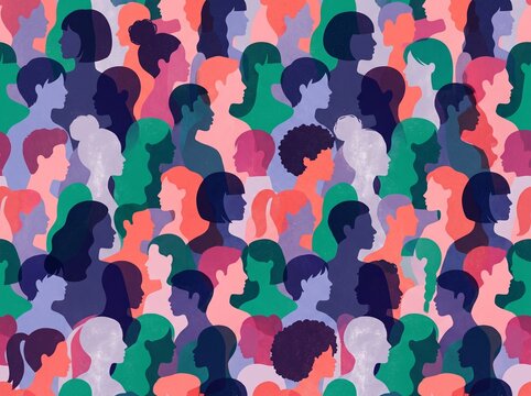 Diverse Group of Women in Profile, Textured Illustration in Teal, Coral and Indigo &ndash; Community and Conversation Concept