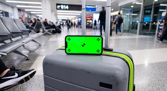 Smartphone with green screen display resting on top of a gray suitcase in the airport with screen tracking markers busy airport terminal markers sits