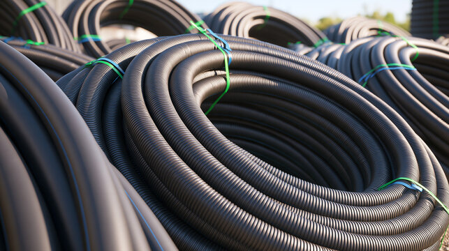 Corrugated conduit coils forming circular bundles of ribbed black tubing