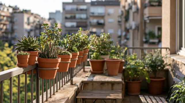 Balcony potted plants soaking up sunlight in clay containers