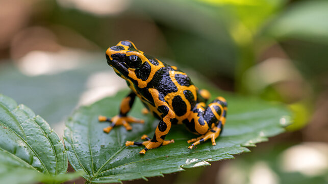 Spotted frog showing bright yellow markings against dark skin
