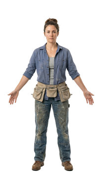 Female construction worker standing in neutral pose on transparent background PNG