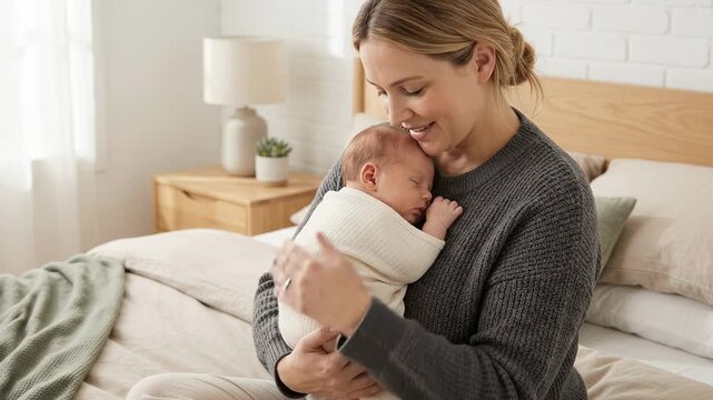 Mother holding sleeping newborn baby in cozy bedroom at home. Tender parenting, maternal love and peaceful family bonding during early childcare
