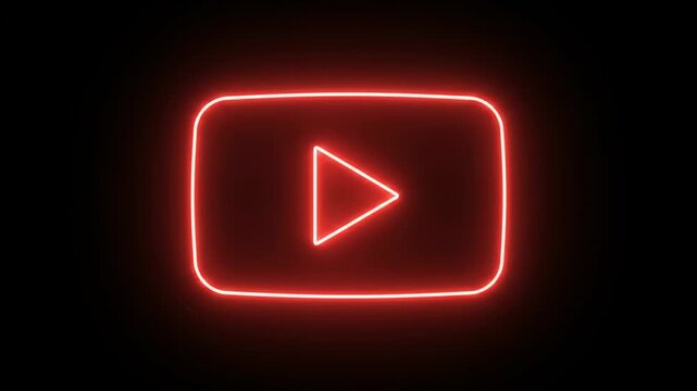 Red neon play button on dark background for video streaming, media playback and digital entertainment. Concept of online content, technology and social platform