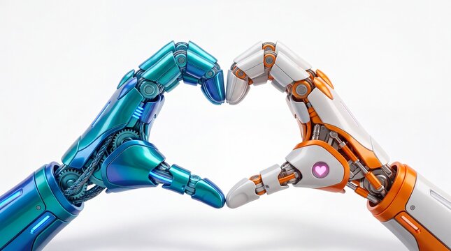 Two robotic hands made of metal and plastic forming a heart shape against white background with colors positioned together mechanical hands blue