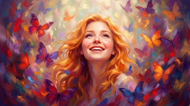 A smiling young woman with long wavy ginger hair surrounded by colorful painted butterflies with vibrant artistic background filled flying butterflies