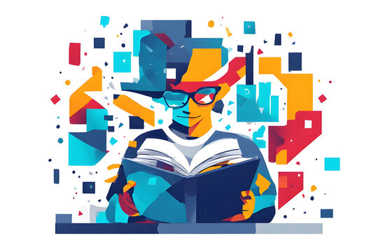 Vibrant digital art of a student immersed in reading with geometric elements representing imagination and education in a modern abstract style