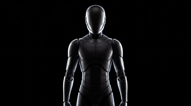 A sleek black humanoid robot standing in a dark environment with smooth metallic armor plating with metallic surface stands solid black background