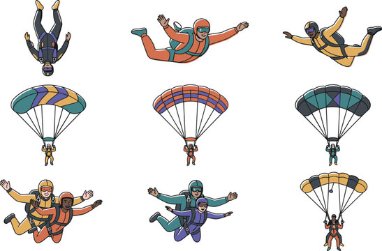 Skydiving and Parachuting Character Vector Icon Set featuring Solo Skydivers, Tandem Jumpers, and Parachutists Floating in Freefall for Extreme Sports Illustrations