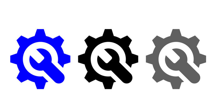 Three gear and wrench icon set in blue black and gray colors settings symbol, Gear with wrench silhouette collection  repair and maintenance logo, Three cogwheel and spanner flat design  technical
