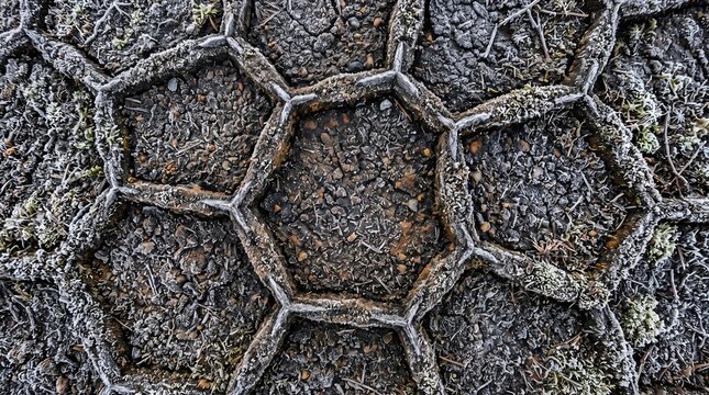 Frozen hexagonal ground grid texture with frost on soil and small stones in cold winter conditions