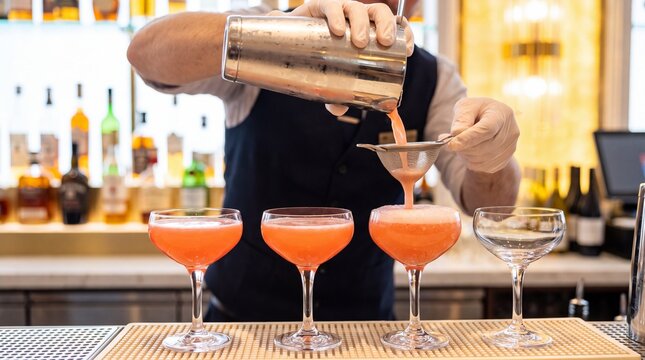 A bartender pours a pink cocktail through a strainer into a glass at a bar with bartender wearing gloves alcoholic drink metal metal shaker stemmed
