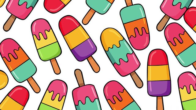 Colorful popsicles in vibrant rainbow shades create a playful seamless pattern