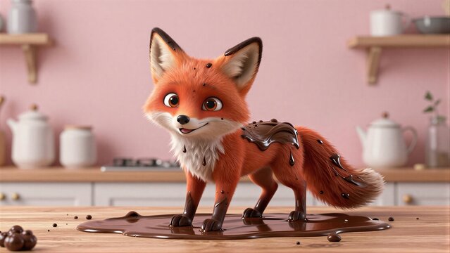 A cute fox covered in chocolate stands on a kitchen counter, smiling mischievously.