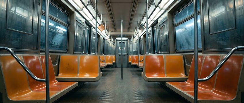 Empty interior of an old subway train car with rows of worn orange seats and reflective windows showing city lights at night