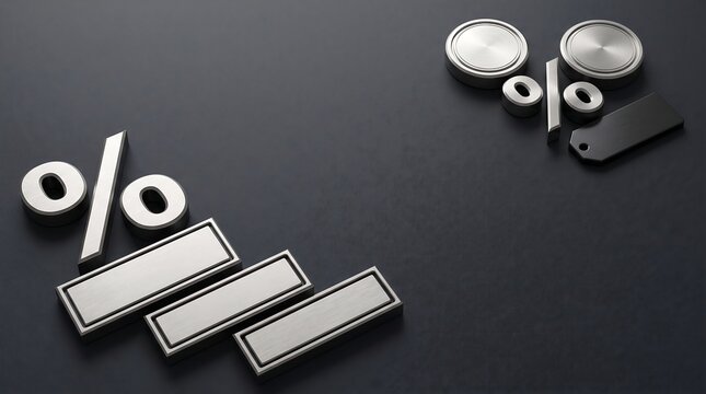 Silver percent signs and price tags on dark background discount sale concept with copy space