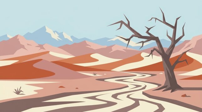 Desert landscape with winding river bare tree and distant mountains