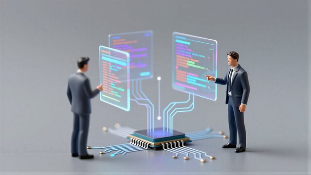 Two miniature figures analyze glowing code on holographic screens above a circuit board.