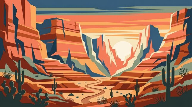 Stylized desert canyon landscape with cacti and a glowing sun illustration