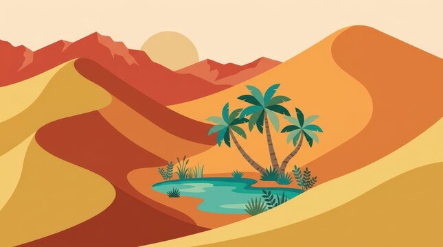 Desert oasis with palm trees and rolling sand dunes at sunset