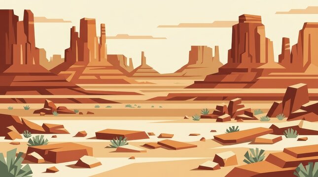 Desert landscape with sandstone formations and sparse vegetation flat vector illustration