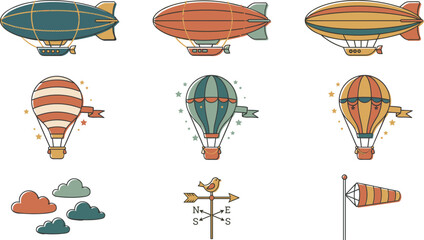 Vintage Aviation and Air Travel Icon Set with Retro Blimps, Hot Air Balloons, Weathervane, Windsock, and Clouds Vector Illustrations for Graphic Design © Remi