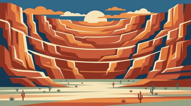 Dramatic desert canyon landscape with cacti and a bright sun illustration