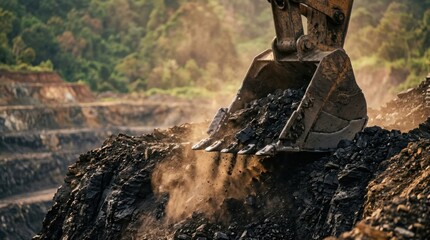 Obraz premium Excavator bucket scooping a black coal seam from a terraced open-cut mining slope with dust rising against tropical hillside terrain