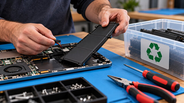 Technician Disassembling Laptop for Battery Recycling at Workbench