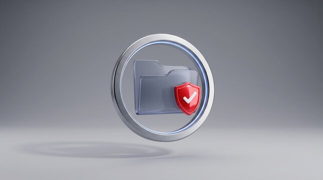 Transparent glass folder icon featuring a red security shield with white checkmark inside metallic ring