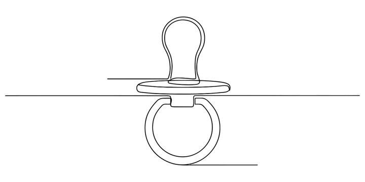 Baby pacifier soothing dummy icon continuous black line art representing infant childcare accessory and nursery equipment design.