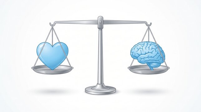 Blue heart and brain balancing equally on silver scales representing mental health and emotional intelligence balance