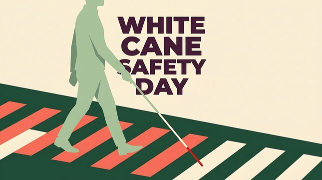 White Cane Safety Day vector illustration, blind pedestrian crossing street, visual impairment awareness, accessibility, disability inclusion, social justice, community support, poster design
