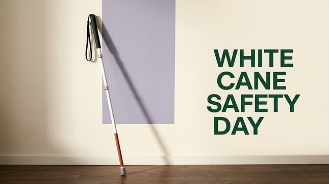 White Cane Safety Day, white blind cane with lanyard against beige wall, disability awareness awareness concept with green text